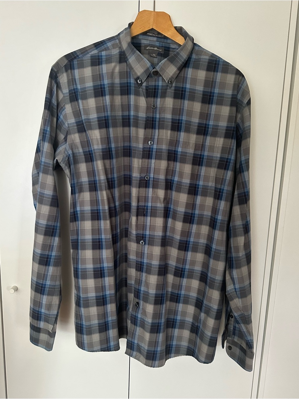 Eddie Bauer Gray and Blue Plaid Button-Down Shirt
